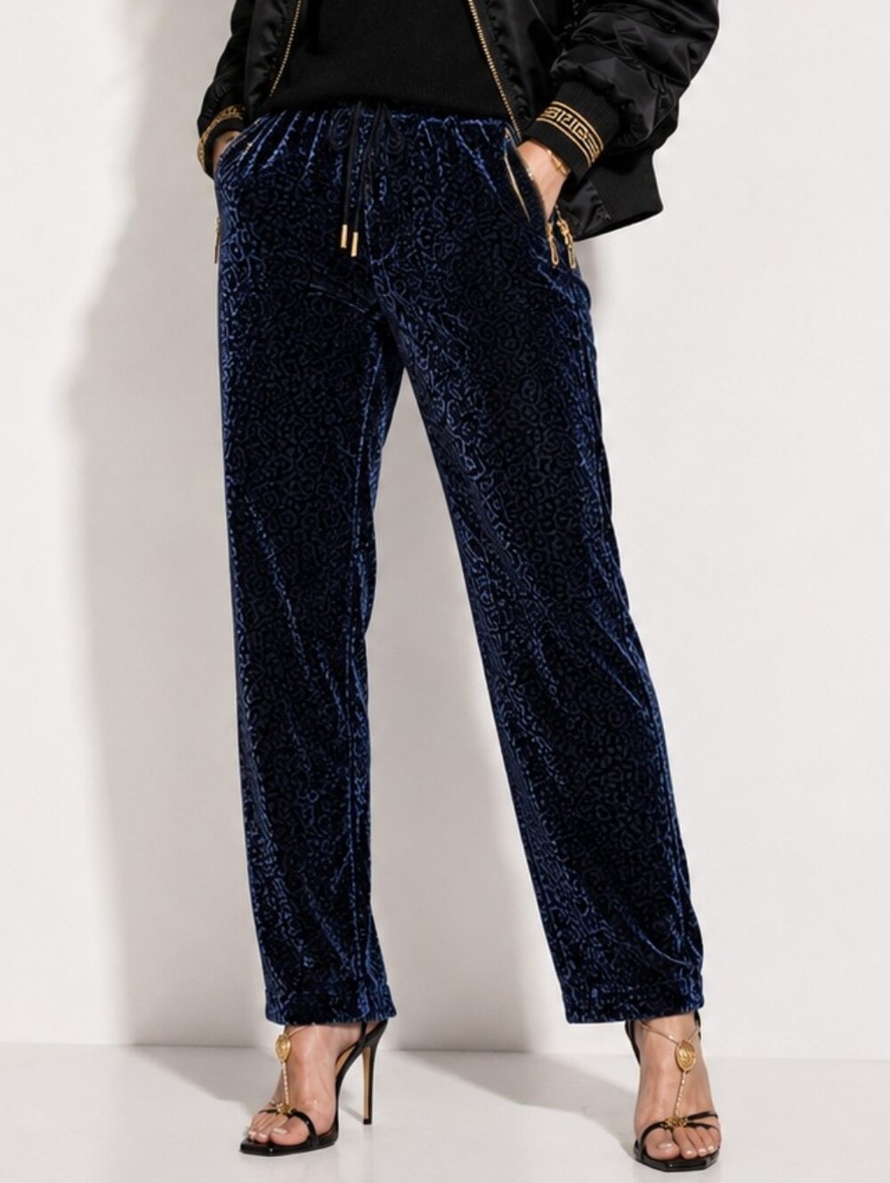 Versace Velour Baroque Straight Leg Leather Accent Trousers Black Blue Snakeskin